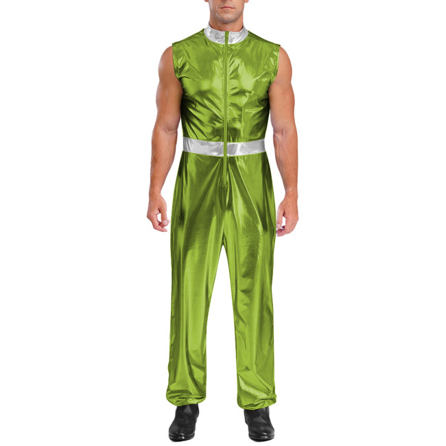 Mens Shiny Metallic Vintage Jumpsuit Party Dance Stage Performance Rompers Zipper Stand Collar Classical Sleeveless Bodysuit