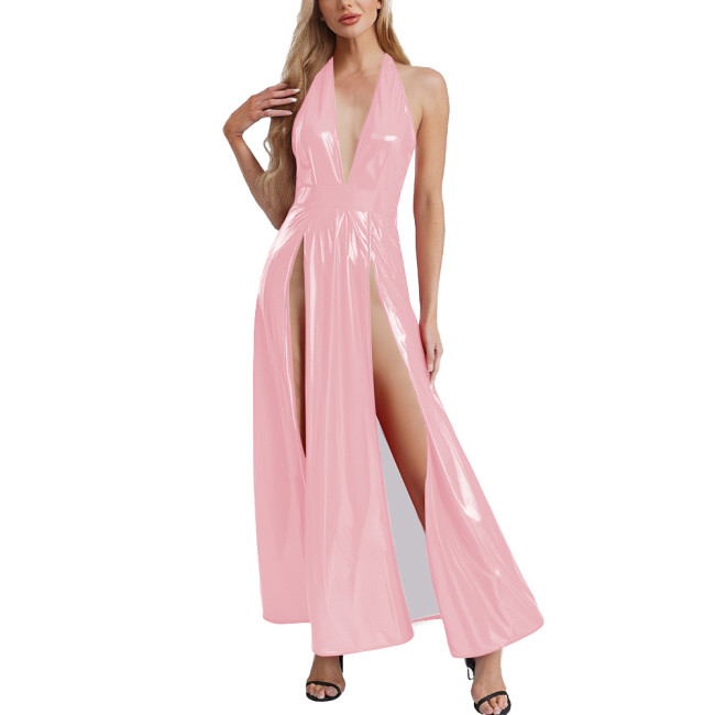 Womens Goth Punk PVC Leather Long Dress Sexy High Slit Hem Halter V-neck Glossy Maxi Dress Club Party Sleeveless Halter Dresses