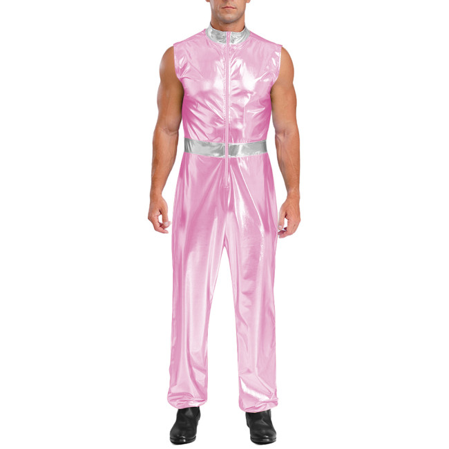 Mens Shiny Metallic Vintage Jumpsuit Party Dance Stage Performance Rompers Zipper Stand Collar Classical Sleeveless Bodysuit