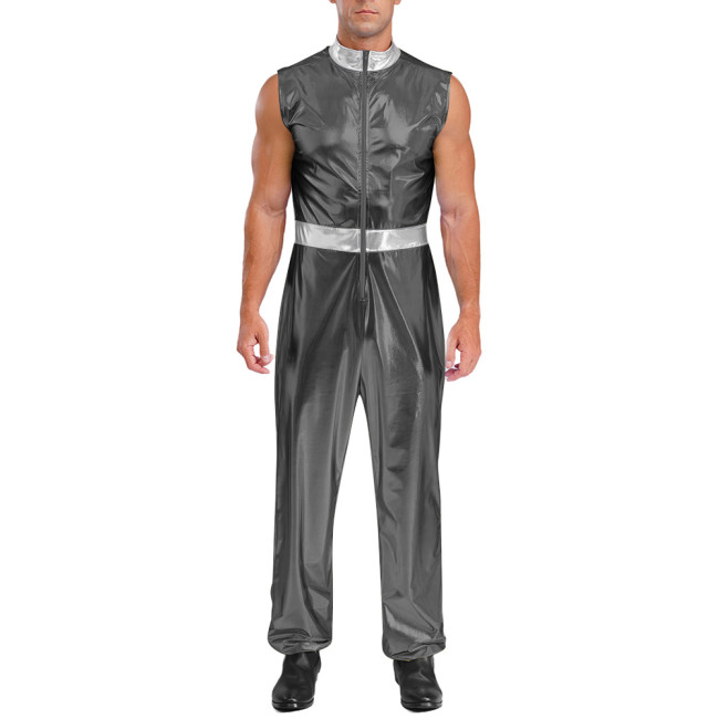 Mens Shiny Metallic Vintage Jumpsuit Party Dance Stage Performance Rompers Zipper Stand Collar Classical Sleeveless Bodysuit