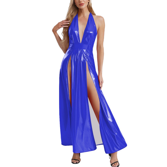 Womens Goth Punk PVC Leather Long Dress Sexy High Slit Hem Halter V-neck Glossy Maxi Dress Club Party Sleeveless Halter Dresses