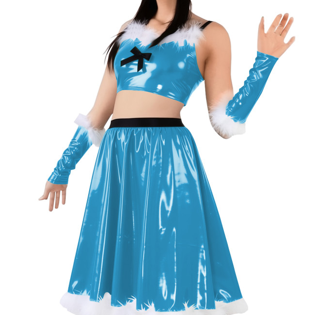 Vinyl Sexy Christmas Skirt Outfits PVC Shiny Babydoll Santa Holiday Party Sets Sling Crop Tube Top Pleated Mid Skirt with Gloves