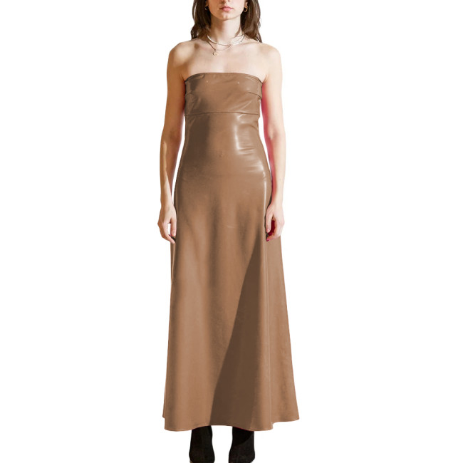 PVC Shiny Strapless Plus Size Women Maxi Dress Sleeveless Women Glossy Patent Leather Flared Dress Ladies Nightclub Party Dress