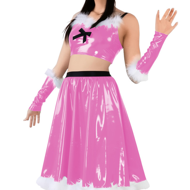 Vinyl Sexy Christmas Skirt Outfits PVC Shiny Babydoll Santa Holiday Party Sets Sling Crop Tube Top Pleated Mid Skirt with Gloves