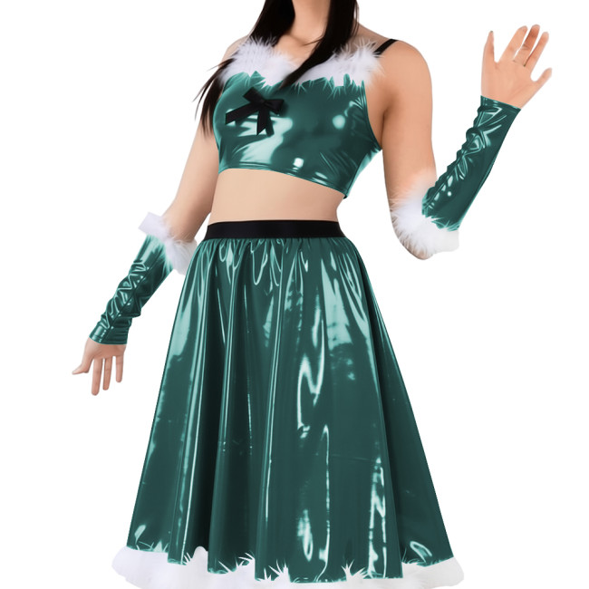 Vinyl Sexy Christmas Skirt Outfits PVC Shiny Babydoll Santa Holiday Party Sets Sling Crop Tube Top Pleated Mid Skirt with Gloves