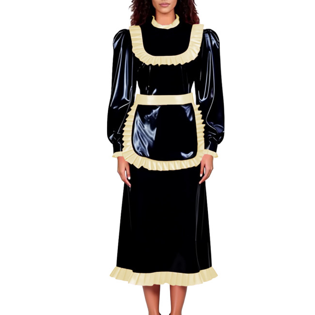 Unisex Adult Lockable Maid Uniforms Halloween Carnival Party Cosplay Costume PVC Shiny Long Sleeve Maid Dress with Ruffle Apron