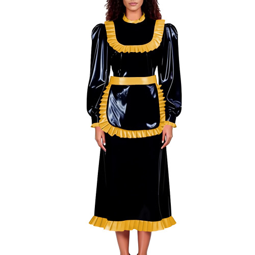 Unisex Adult Lockable Maid Uniforms Halloween Carnival Party Cosplay Costume PVC Shiny Long Sleeve Maid Dress with Ruffle Apron