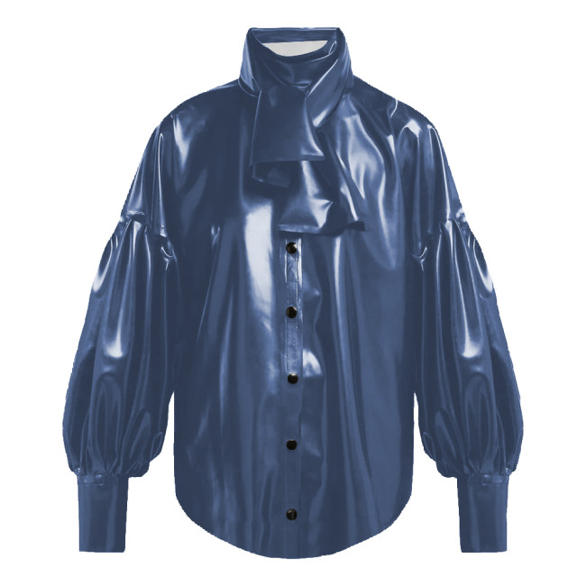 Vinyl PVC Leather Blouses for Women Vintage Oversized Single Breasted Shirt Tops Female Fashion Bishop Sleeve Shirts Plus Size
