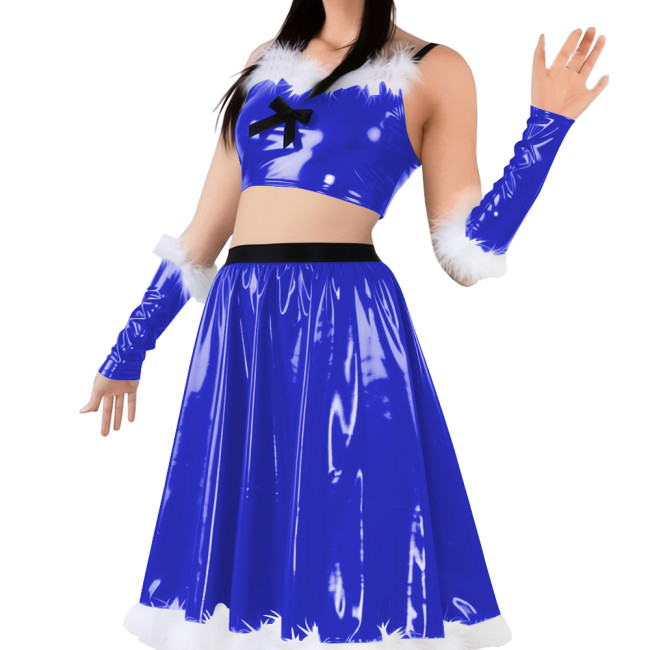 Vinyl Sexy Christmas Skirt Outfits PVC Shiny Babydoll Santa Holiday Party Sets Sling Crop Tube Top Pleated Mid Skirt with Gloves