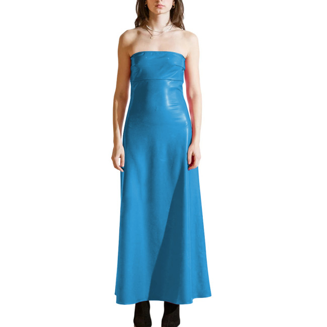 PVC Shiny Strapless Plus Size Women Maxi Dress Sleeveless Women Glossy Patent Leather Flared Dress Ladies Nightclub Party Dress