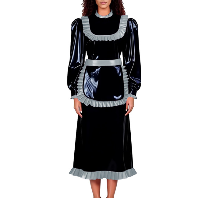 Unisex Adult Lockable Maid Uniforms Halloween Carnival Party Cosplay Costume PVC Shiny Long Sleeve Maid Dress with Ruffle Apron