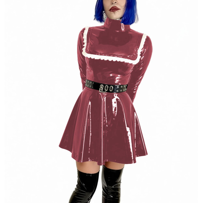 Turtleneck Vinyl A-line Mini Dress Long Sleeve Wetlook PVC Leather Pleated Womens Dress Club Swing Outfits Party Show Costume