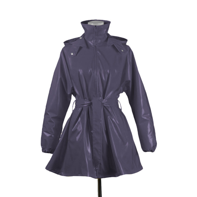 Plus Size Women Shiny PVC Leather Hood Jackets Stand Collar Zipper Overcoat with Belt Wetlook Long Sleeve Trench Coat Clubwear