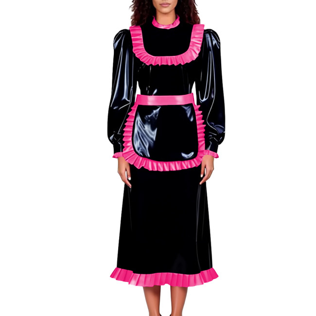 Unisex Adult Lockable Maid Uniforms Halloween Carnival Party Cosplay Costume PVC Shiny Long Sleeve Maid Dress with Ruffle Apron