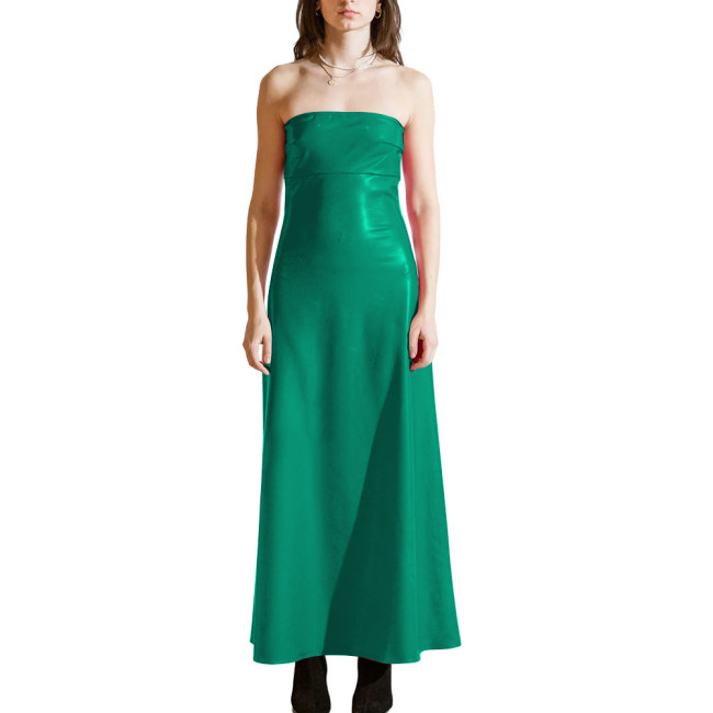 PVC Shiny Strapless Plus Size Women Maxi Dress Sleeveless Women Glossy Patent Leather Flared Dress Ladies Nightclub Party Dress