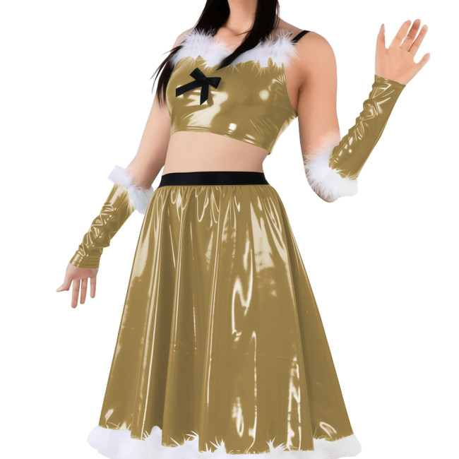 Vinyl Sexy Christmas Skirt Outfits PVC Shiny Babydoll Santa Holiday Party Sets Sling Crop Tube Top Pleated Mid Skirt with Gloves