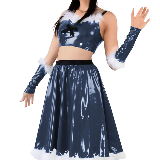 Vinyl Sexy Christmas Skirt Outfits PVC Shiny Babydoll Santa Holiday Party Sets Sling Crop Tube Top Pleated Mid Skirt with Gloves