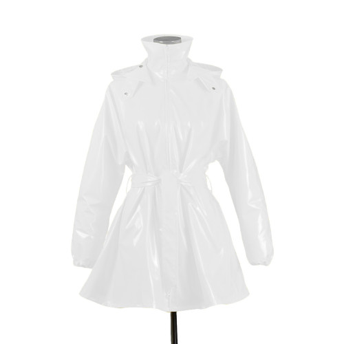 Plus Size Women Shiny PVC Leather Hood Jackets Stand Collar Zipper Overcoat with Belt Wetlook Long Sleeve Trench Coat Clubwear
