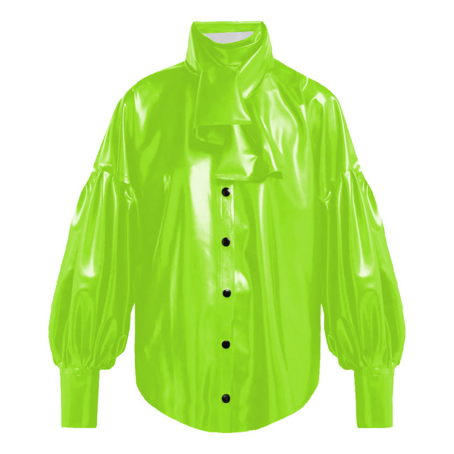 Vinyl PVC Leather Blouses for Women Vintage Oversized Single Breasted Shirt Tops Female Fashion Bishop Sleeve Shirts Plus Size