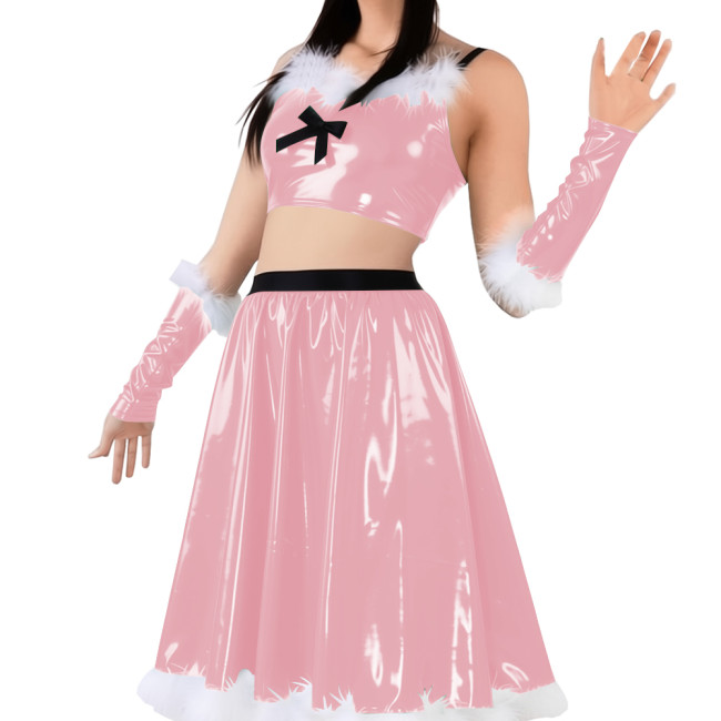 Vinyl Sexy Christmas Skirt Outfits PVC Shiny Babydoll Santa Holiday Party Sets Sling Crop Tube Top Pleated Mid Skirt with Gloves