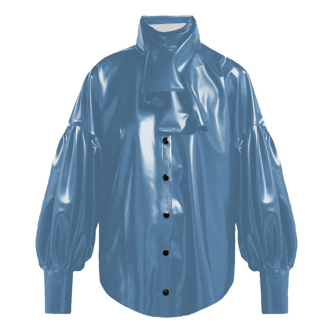 Vinyl PVC Leather Blouses for Women Vintage Oversized Single Breasted Shirt Tops Female Fashion Bishop Sleeve Shirts Plus Size