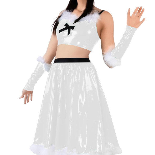 Vinyl Sexy Christmas Skirt Outfits PVC Shiny Babydoll Santa Holiday Party Sets Sling Crop Tube Top Pleated Mid Skirt with Gloves