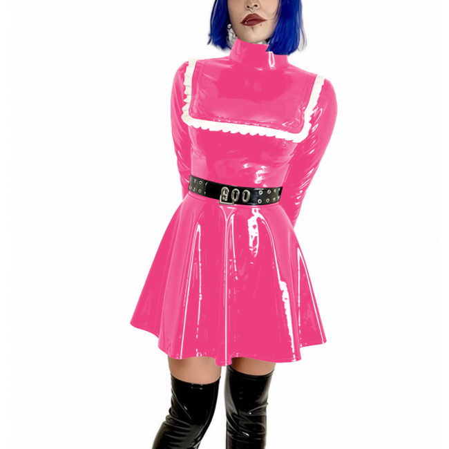 Turtleneck Vinyl A-line Mini Dress Long Sleeve Wetlook PVC Leather Pleated Womens Dress Club Swing Outfits Party Show Costume