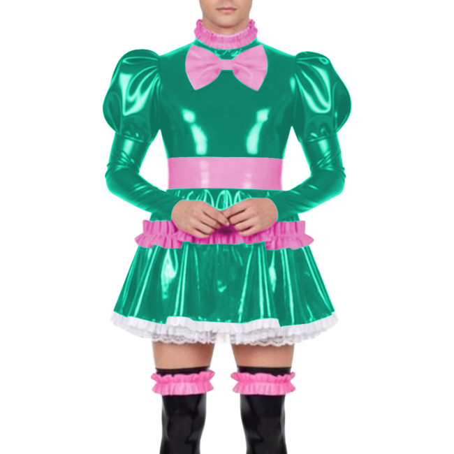 Mens Sissy Lockable Mini Pleated Maid Dresses PVC Shiny Leather Ruffles High Neck Mini Dress Cross-dressering Cosplay Outfits