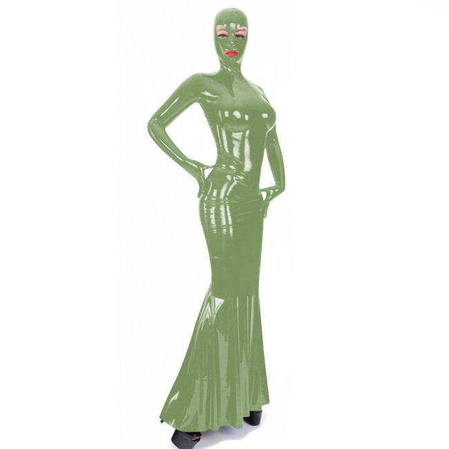 Latex-look PVC Long Sleeve Mermaid Dress with Mask Novelty Sexy Bodycon Ruffles Hem Long Hooded Dresses Exotlic Cosplay Outfits