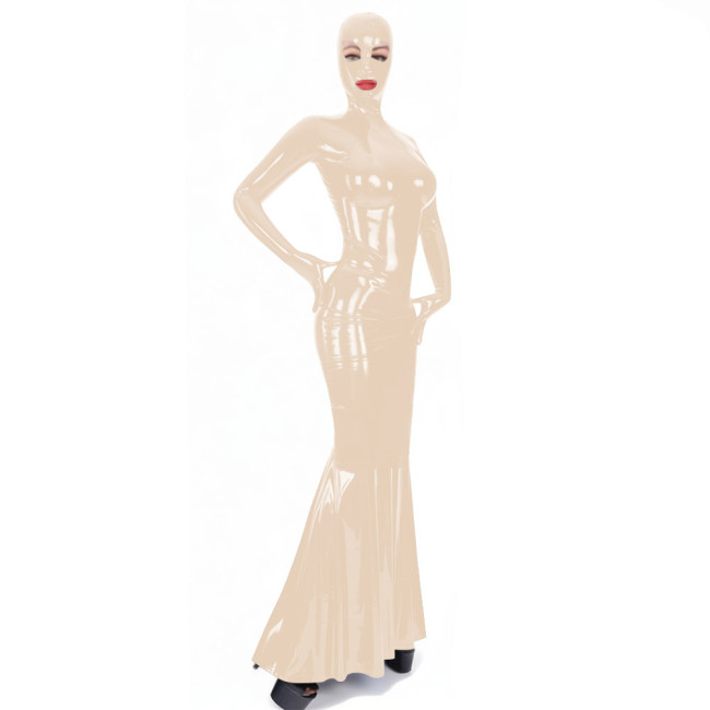 Latex-look PVC Long Sleeve Mermaid Dress with Mask Novelty Sexy Bodycon Ruffles Hem Long Hooded Dresses Exotlic Cosplay Outfits