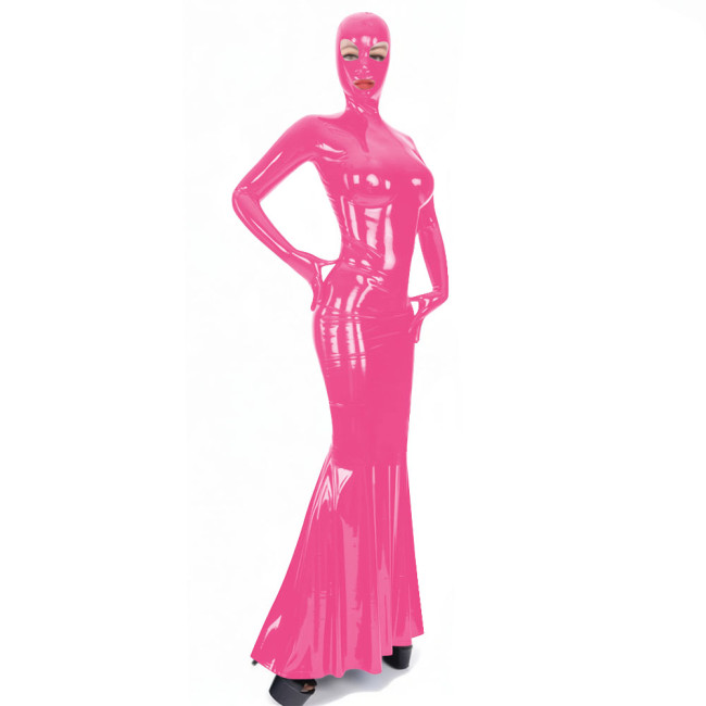 Latex-look PVC Long Sleeve Mermaid Dress with Mask Novelty Sexy Bodycon Ruffles Hem Long Hooded Dresses Exotlic Cosplay Outfits