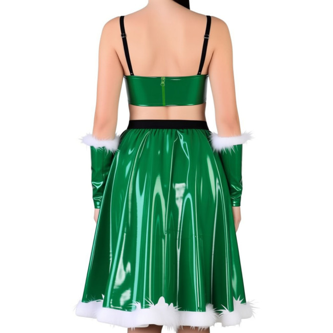 Vinyl Sexy Christmas Skirt Outfits PVC Shiny Babydoll Santa Holiday Party Sets Sling Crop Tube Top Pleated Mid Skirt with Gloves