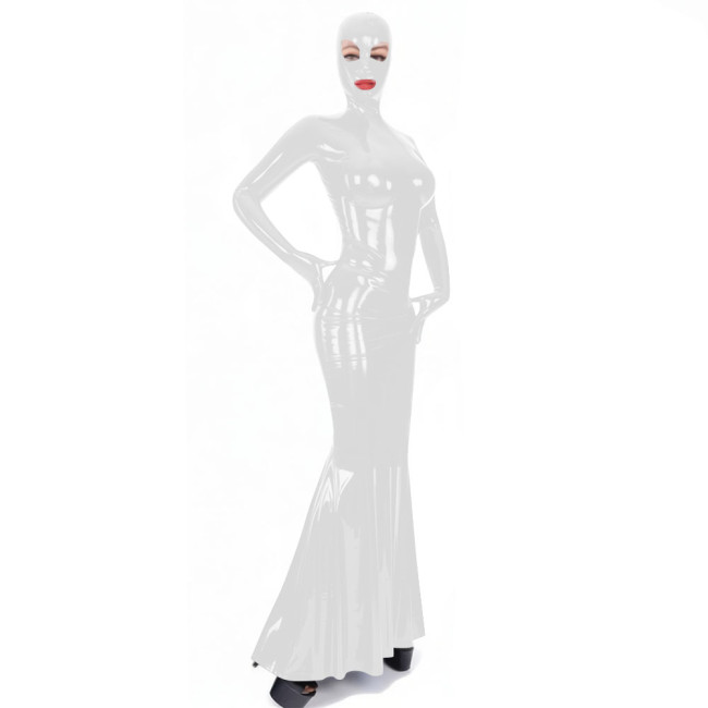 Latex-look PVC Long Sleeve Mermaid Dress with Mask Novelty Sexy Bodycon Ruffles Hem Long Hooded Dresses Exotlic Cosplay Outfits