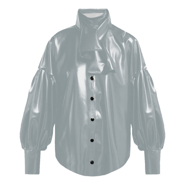 Vinyl PVC Leather Blouses for Women Vintage Oversized Single Breasted Shirt Tops Female Fashion Bishop Sleeve Shirts Plus Size