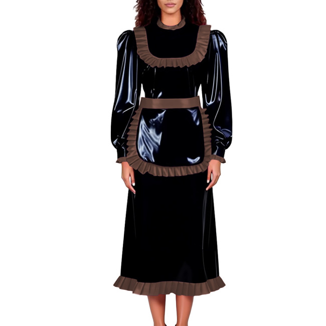 Unisex Adult Lockable Maid Uniforms Halloween Carnival Party Cosplay Costume PVC Shiny Long Sleeve Maid Dress with Ruffle Apron