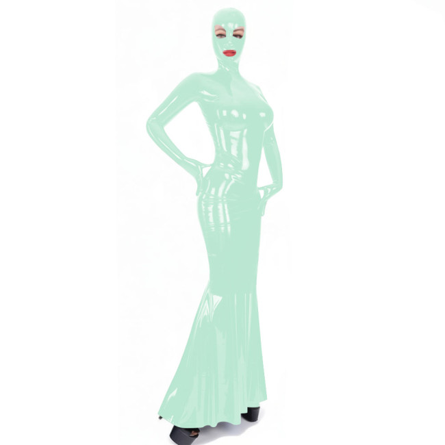 Latex-look PVC Long Sleeve Mermaid Dress with Mask Novelty Sexy Bodycon Ruffles Hem Long Hooded Dresses Exotlic Cosplay Outfits