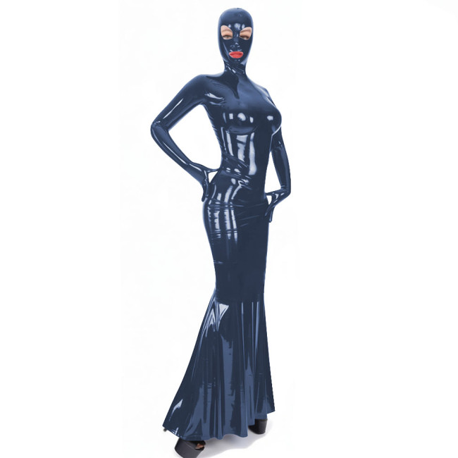 Latex-look PVC Long Sleeve Mermaid Dress with Mask Novelty Sexy Bodycon Ruffles Hem Long Hooded Dresses Exotlic Cosplay Outfits