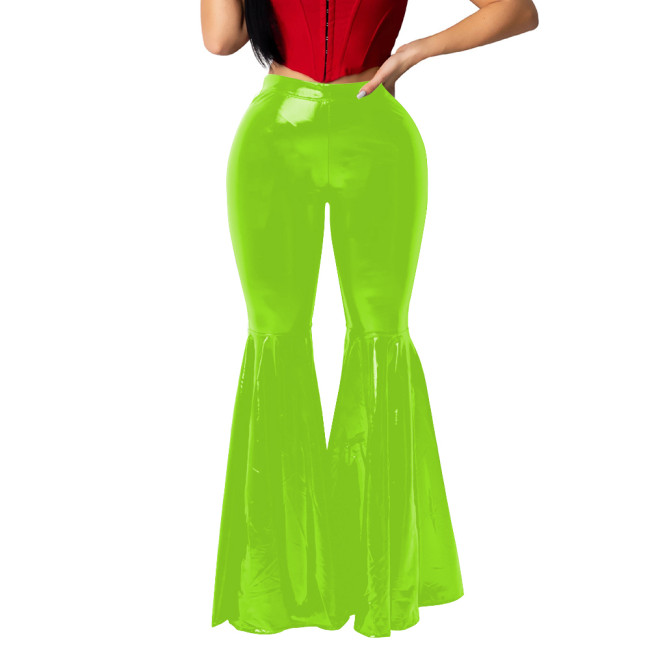 Plus Size Glossy PVC Leather Flare Pants Women Stretch High Waisted Maxi Trouser Club Leggings High Street Bell Bottom Trousers