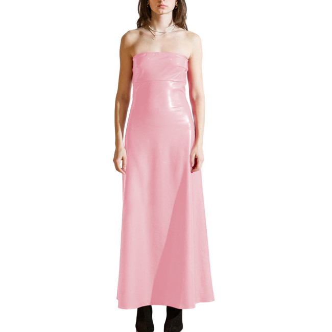 PVC Shiny Strapless Plus Size Women Maxi Dress Sleeveless Women Glossy Patent Leather Flared Dress Ladies Nightclub Party Dress
