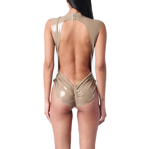 Sleeveless Backless Latex-look PVC Bodysuit Women Sexy Hollow Out Slim Leotard Glossy Leather Party Playsuit Rave Night Clubwear
