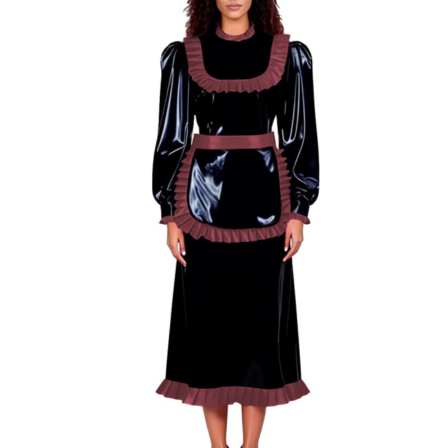 Unisex Adult Lockable Maid Uniforms Halloween Carnival Party Cosplay Costume PVC Shiny Long Sleeve Maid Dress with Ruffle Apron