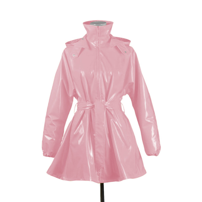 Plus Size Women Shiny PVC Leather Hood Jackets Stand Collar Zipper Overcoat with Belt Wetlook Long Sleeve Trench Coat Clubwear
