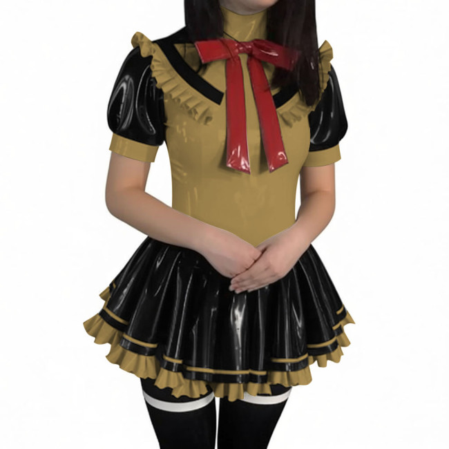Latex-look PVC Short-Sleeve Sailor Collar Mini Dress Sissy Sweet Navy Style Short Pleated Dress Halloween Party Cosplay Outfits