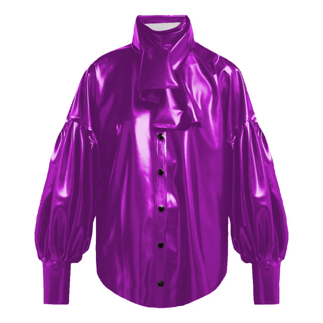 Vinyl PVC Leather Blouses for Women Vintage Oversized Single Breasted Shirt Tops Female Fashion Bishop Sleeve Shirts Plus Size