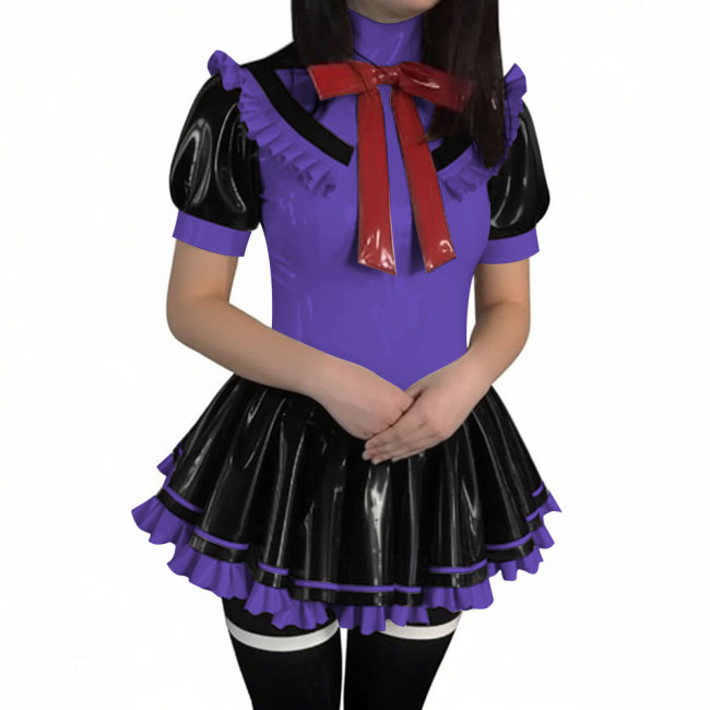 Latex-look PVC Short-Sleeve Sailor Collar Mini Dress Sissy Sweet Navy Style Short Pleated Dress Halloween Party Cosplay Outfits