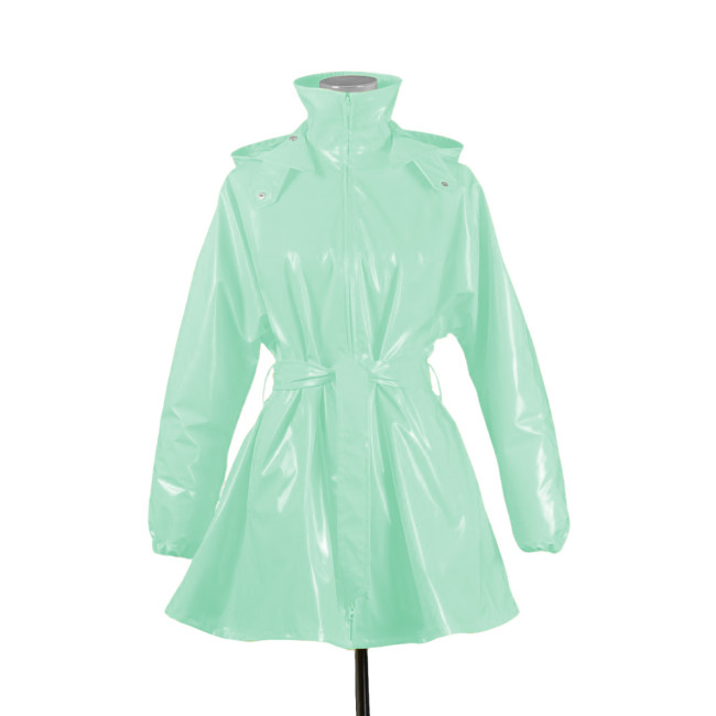 Plus Size Women Shiny PVC Leather Hood Jackets Stand Collar Zipper Overcoat with Belt Wetlook Long Sleeve Trench Coat Clubwear