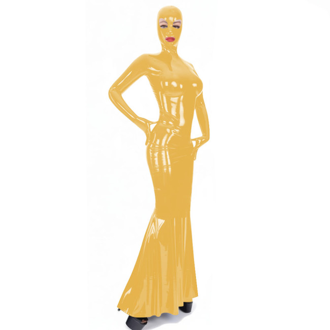 Latex-look PVC Long Sleeve Mermaid Dress with Mask Novelty Sexy Bodycon Ruffles Hem Long Hooded Dresses Exotlic Cosplay Outfits