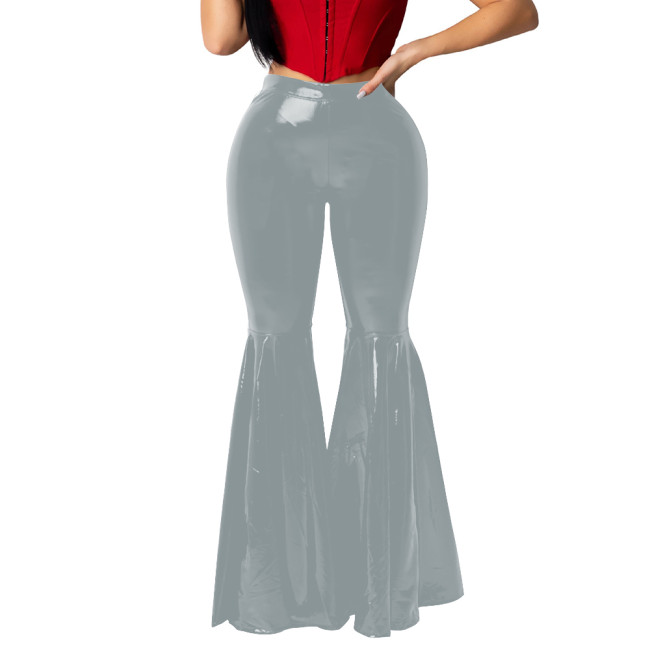 Plus Size Glossy PVC Leather Flare Pants Women Stretch High Waisted Maxi Trouser Club Leggings High Street Bell Bottom Trousers