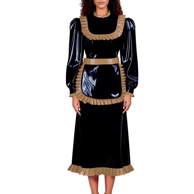 Unisex Adult Lockable Maid Uniforms Halloween Carnival Party Cosplay Costume PVC Shiny Long Sleeve Maid Dress with Ruffle Apron