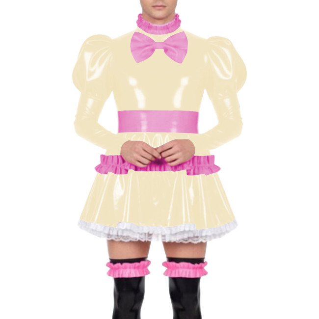 Mens Sissy Lockable Mini Pleated Maid Dresses PVC Shiny Leather Ruffles High Neck Mini Dress Cross-dressering Cosplay Outfits